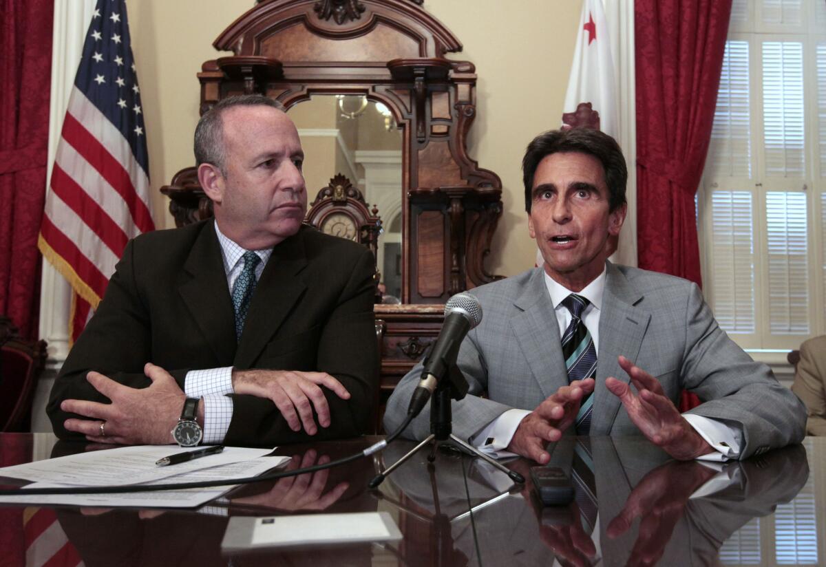 State Sen. Mark Leno, D¿San Francisco, chair of the Senate budget committee, right, at a recent news conference on the budget with Sen. President Pro Tem Darrell Steinberg, D¿Sacramento. Both say the governor's prison plan is inadequate.