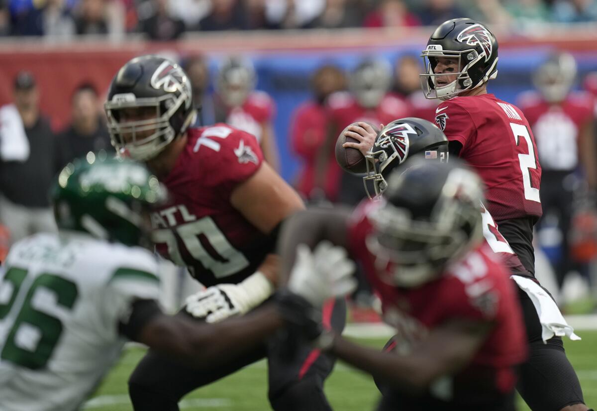 Atlanta Falcons quarterback Matt Ryan looks to pass against the New York Jets.