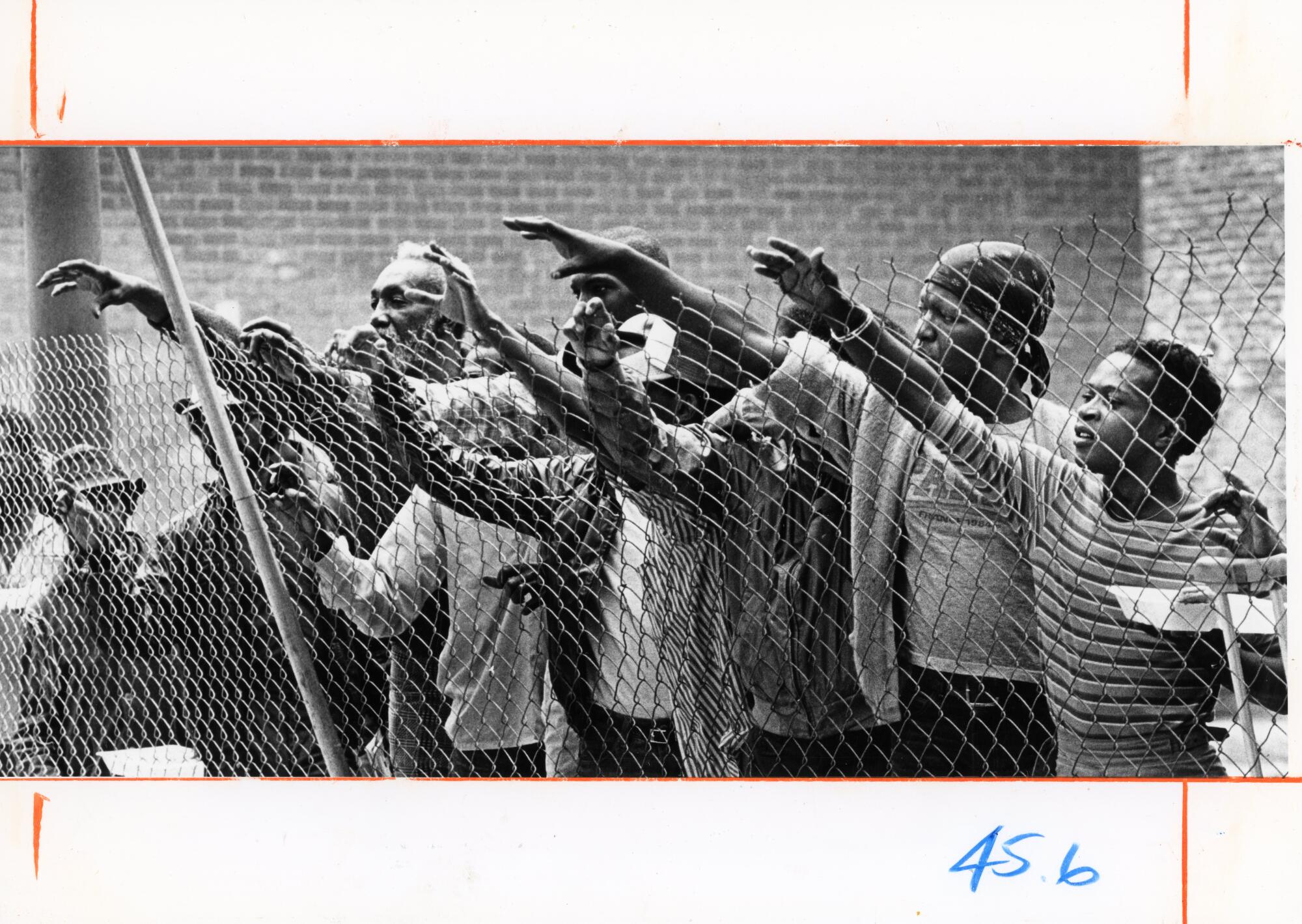 Residents of Skid Row press against a chain-link fence for attention during a meal distribution on June 6, 1986.