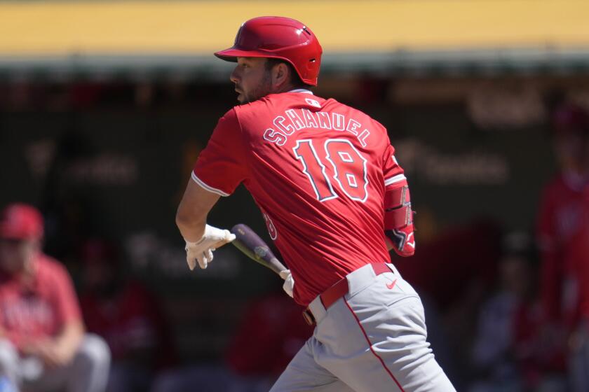 Los Angeles Angels' Nolan Schanuel watches his RBI single against the Oakland Athletics.