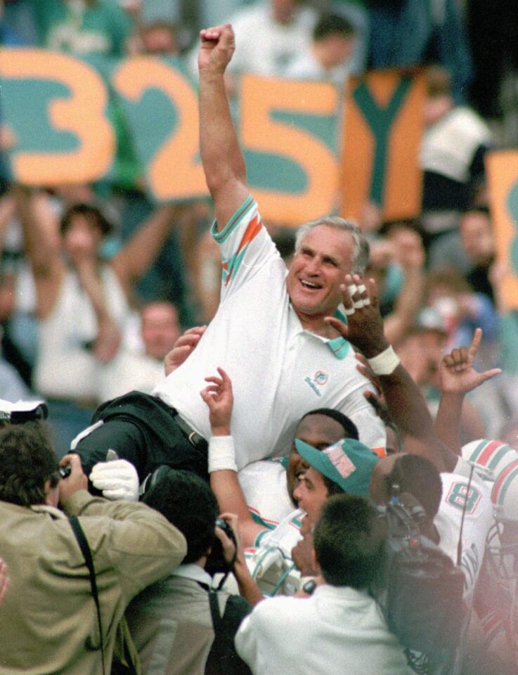 The face (particularly jaw) of the Miami Dolphins, Shula (73 wins while with Baltmore) ended up with 347 career victories and two Super Bowl championships, including one won in January of 1973 by the NFL's lone perfect team.