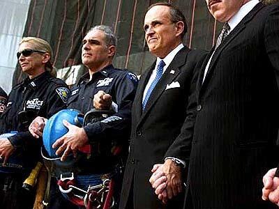 Mayor Rudy Giuliani during an interfaith memorial service held at ground zero at the WTC on Thursday morning.