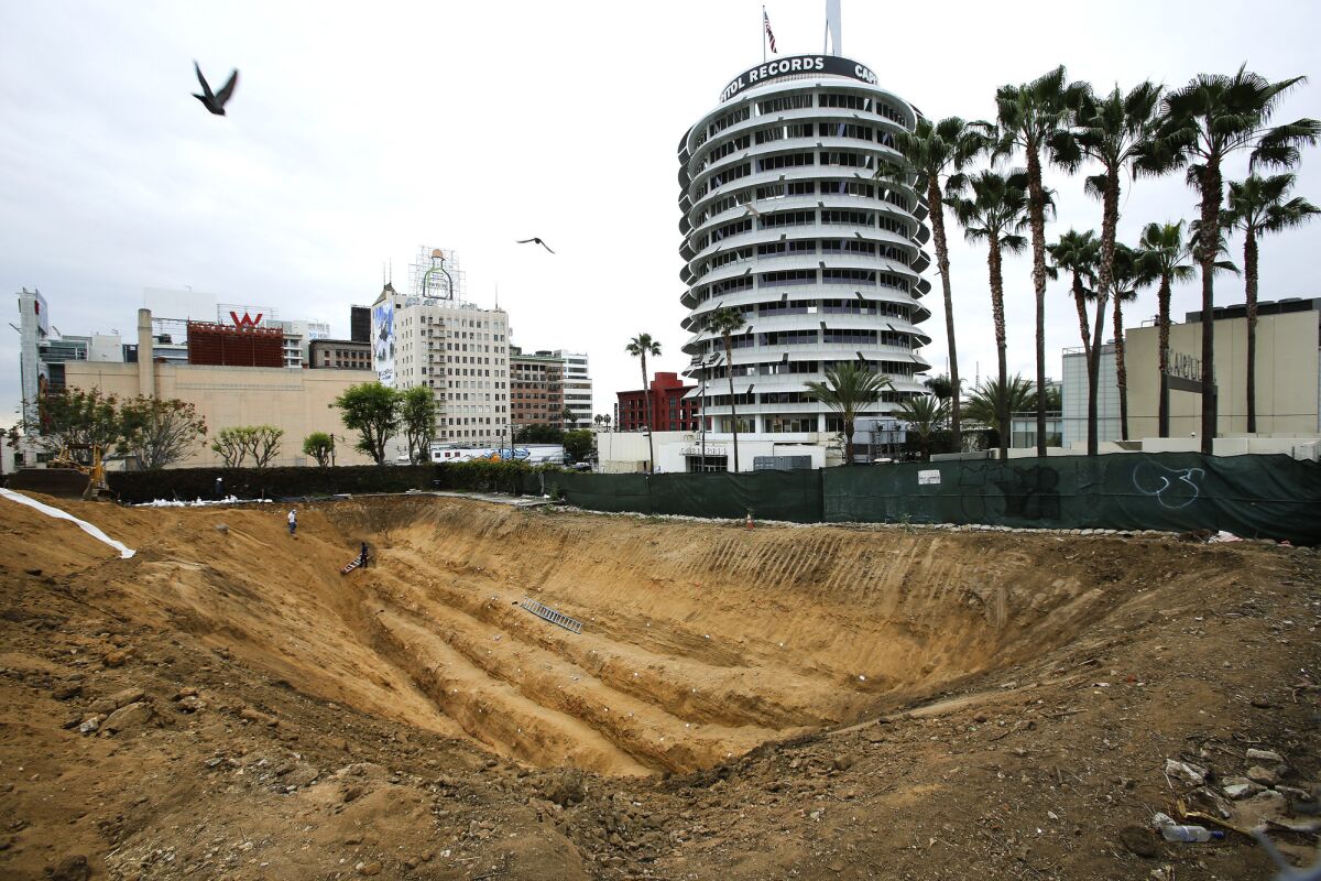 A trench was dug at 6230 Yucca St., just east of the Capitol Records building in Hollywood, to see if an earthquake fault exists underneath the site of a planned apartment complex.
