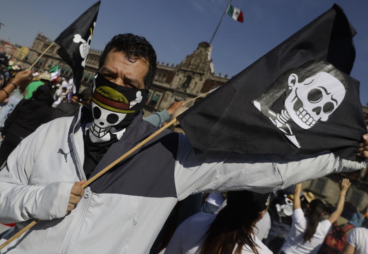 Protesters hold flags with skulls.