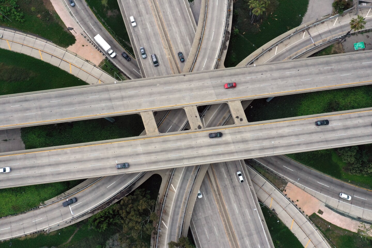 The intersection of the 101 and 110 freeways in downtown Los Angeles. Govenor Newsom requested that all non-essential business be stopped and people stay home.