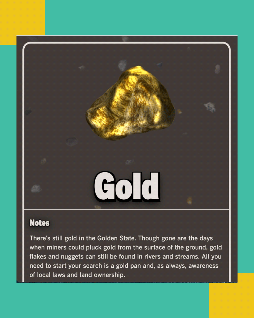 Screenshot of web page showing gold and where to find it in California.