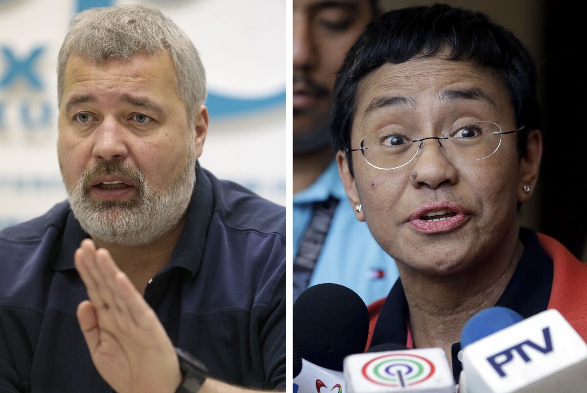 FILE - A combo of file images of Novaya Gazeta editor Dmitry Muratov, left, and of Rappler CEO and Executive Editor Maria Ressa. On Friday, Oct. 8, 2021 the Nobel Peace Prize was awarded to journalists Maria Ressa of the Philippines and Dmitry Muratov of Russia for their fight for freedom of expression. (AP Photo/Mikhail Metzel and Aaron Favila, File)