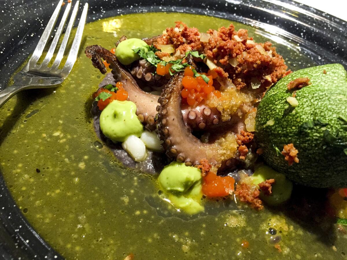 Milpa, a restaurant opened in early 2016 on Isla Holbox, Mexico. Dishes include this octopus plate.