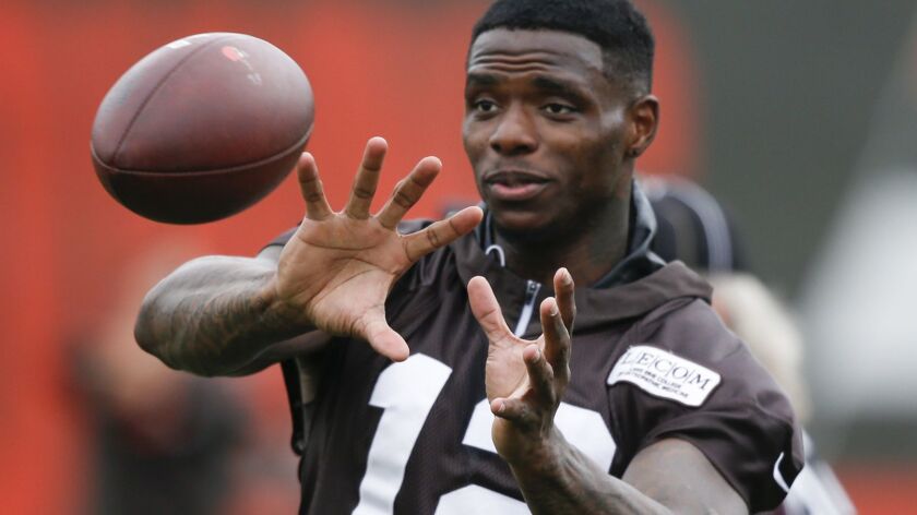 Since sidelined Cleveland Browns wide receiver Josh Gordon warms up June 5, 2018, in Berea, Ohio. (AP Photo/Ron Schwane)