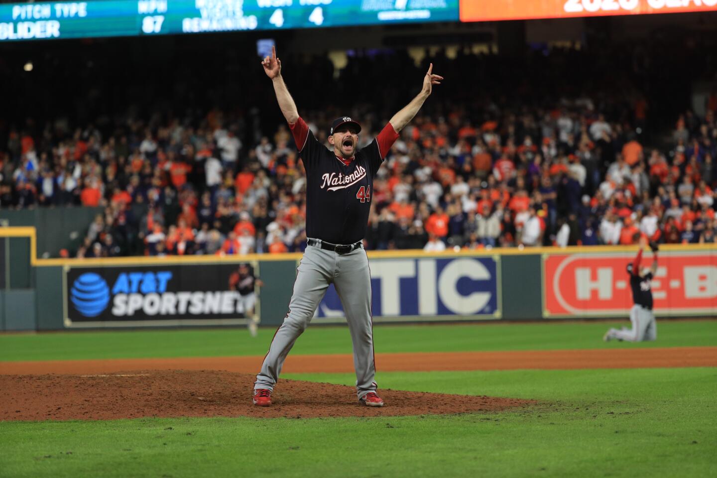 Pitcher Daniel Hudson celebrates after getting the last out of the World Series.