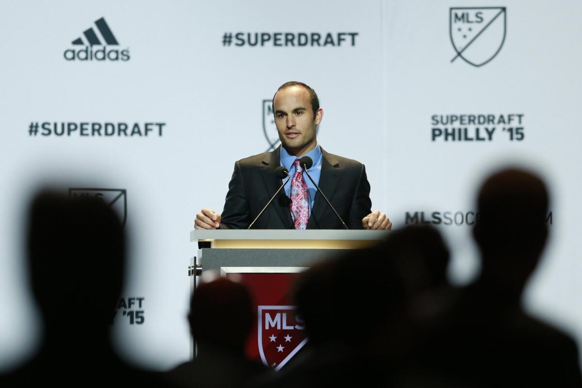 Landon Donovan speaks at the 2015 Major League Soccer SuperDraft on Thursday in Philadelphia before the start of the first round.