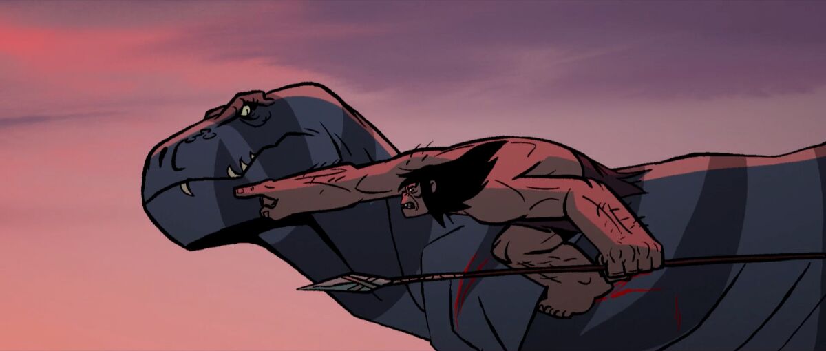 A caveman riding a T. rex in 'Primal'