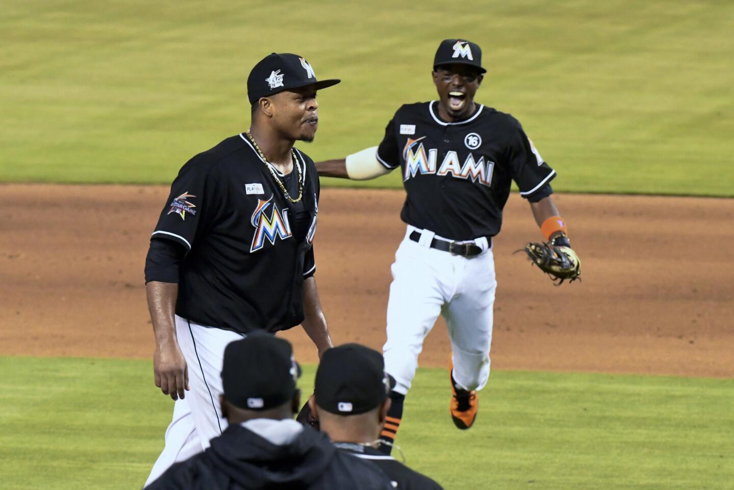 MIAMI, FL - JUNE 03: Dee Gordon #9 of the Miami Marlins celebrates after Edinson Volquez #36 threw a no hitter against the Arizona Diamondbacks at Marlins Park on June 3, 2017 in Miami, Florida. (Photo by Eric Espada/Getty Images) ** OUTS - ELSENT, FPG, CM - OUTS * NM, PH, VA if sourced by CT, LA or MoD **