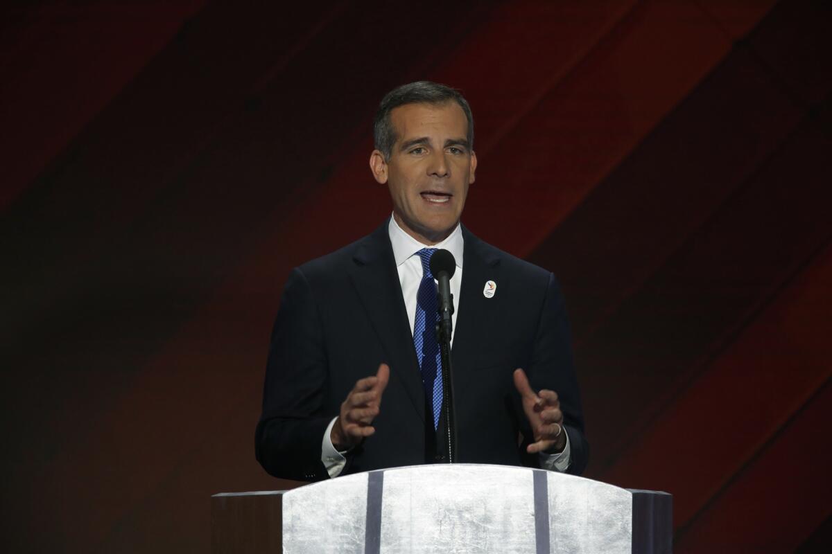 Los Angeles Mayor Eric Garcetti addresses delegates on the final night of the 2016 Democratic National Convention in Philadelphia.