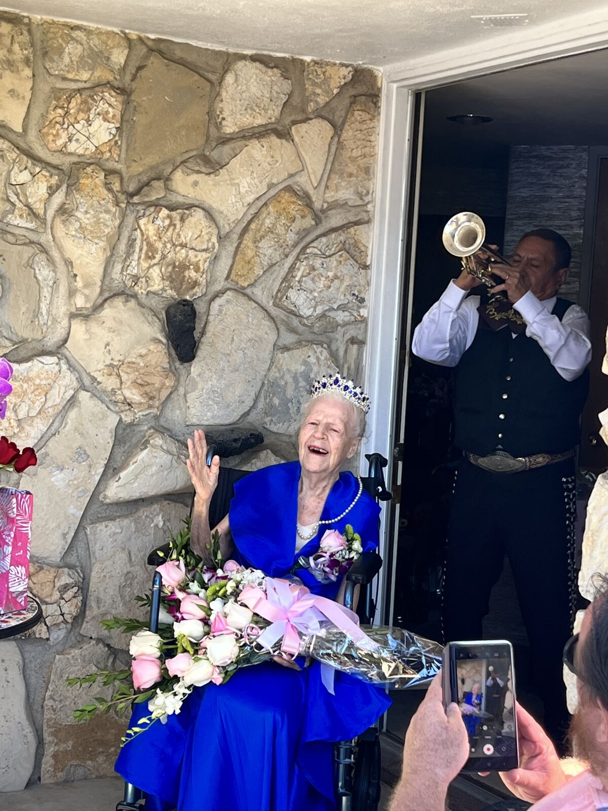 Violet Patton is surprised by a mariachi player at her 106th birthday party Aug. 30.