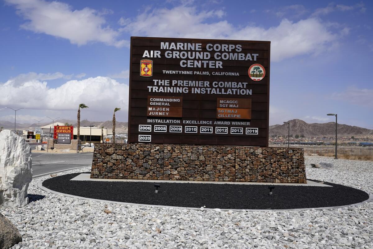 A sign sits at the entrance to the Marine Corps Air Ground Combat Center in Twentynine Palms, Calif.