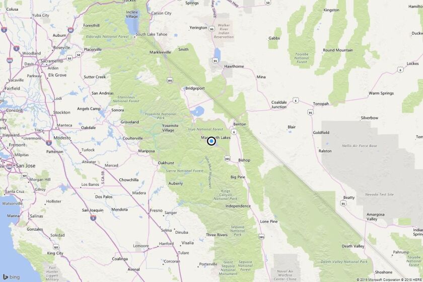 A map showing the location of the epicenter of Monday morning's quake in Whitmore Hot Springs, Calif., near Mammoth Lakes.