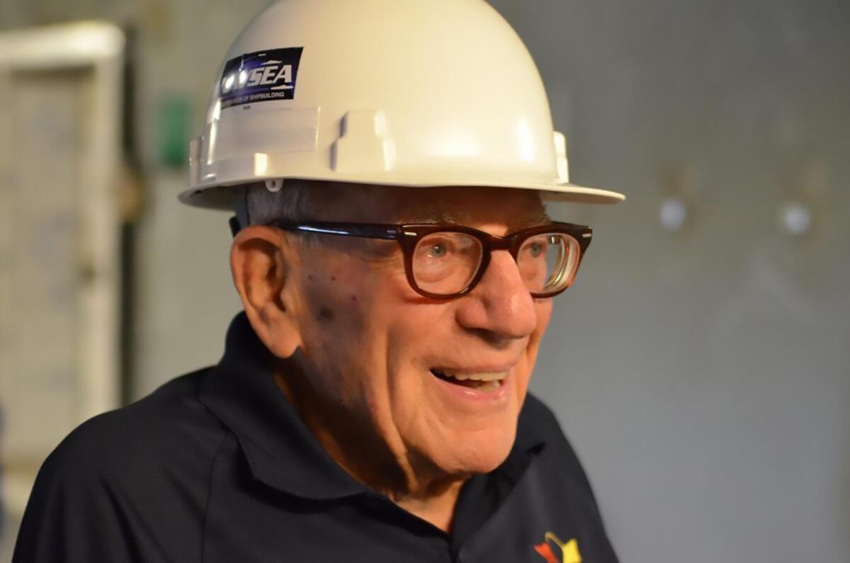 Walter Munk on a tour of Research Vessel Sally Ride. (2014)