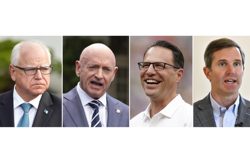 This composite left to right, shows Minnesota Gov. Tim Walz, center, July 3, 2024, in Washington, Sen. Mark Kelly, D-Ariz., June 4, 2024, in Washington, Pennsylvania Gov. Josh Shapiro, July 20, 2024, in Pittsburgh, and Kentucky Gov. Andy Beshear in Frankfort, Ky., July 22, 2024. As Vice President Kamala Harris prepares to announce her running mate, a new poll from the Associated Press-NORC Center for Public Affairs Research finds that several of the top potential contenders for the role are largely unknown to voters. (AP Photo)