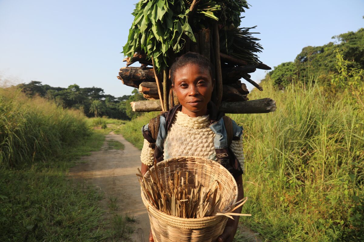 Mafi Esefa collects wood and cassava leaves.