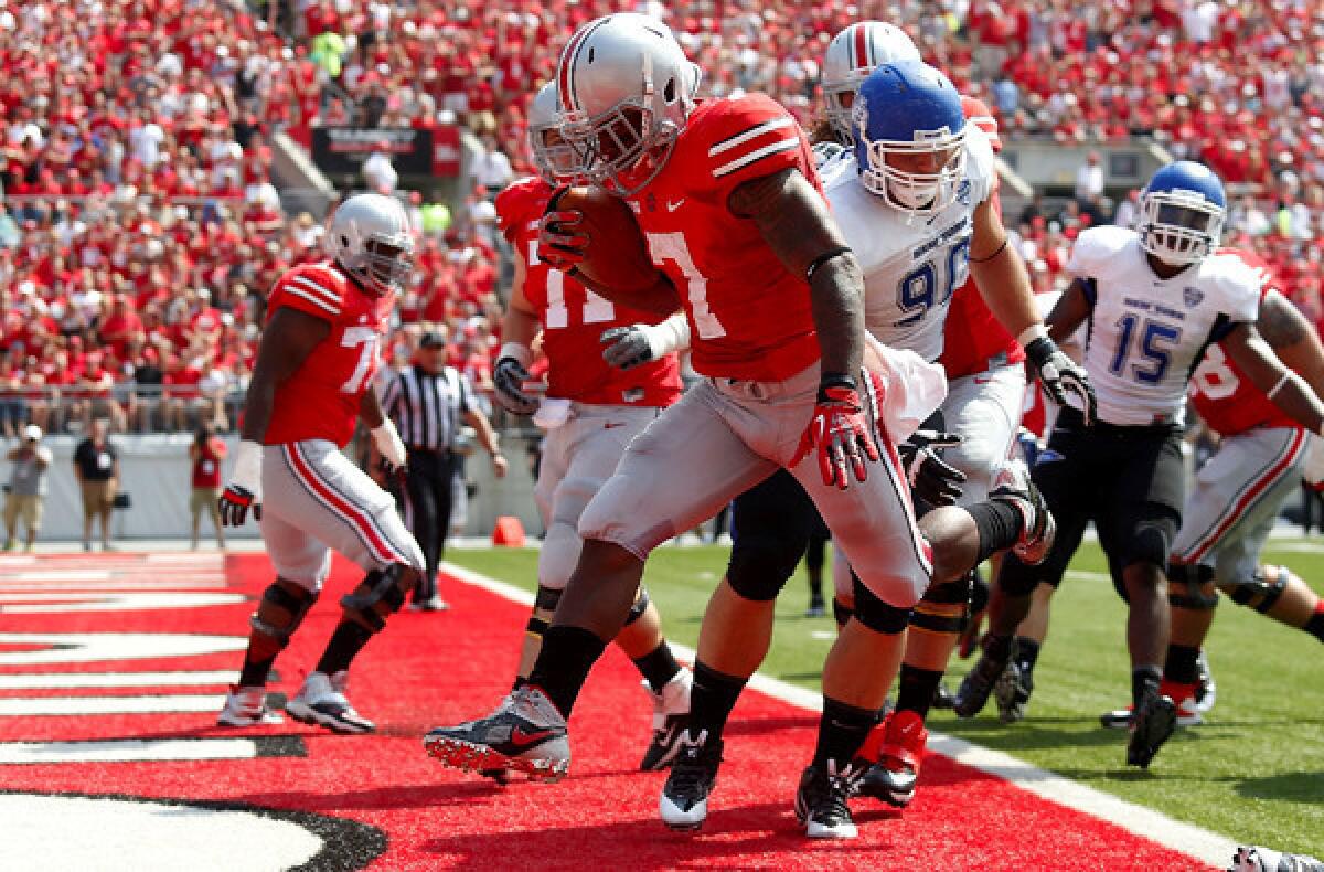 Ohio State receiver Jordan Hall gets into the end zone against Buffalo for a two-point conversion in the first quarter Saturday.