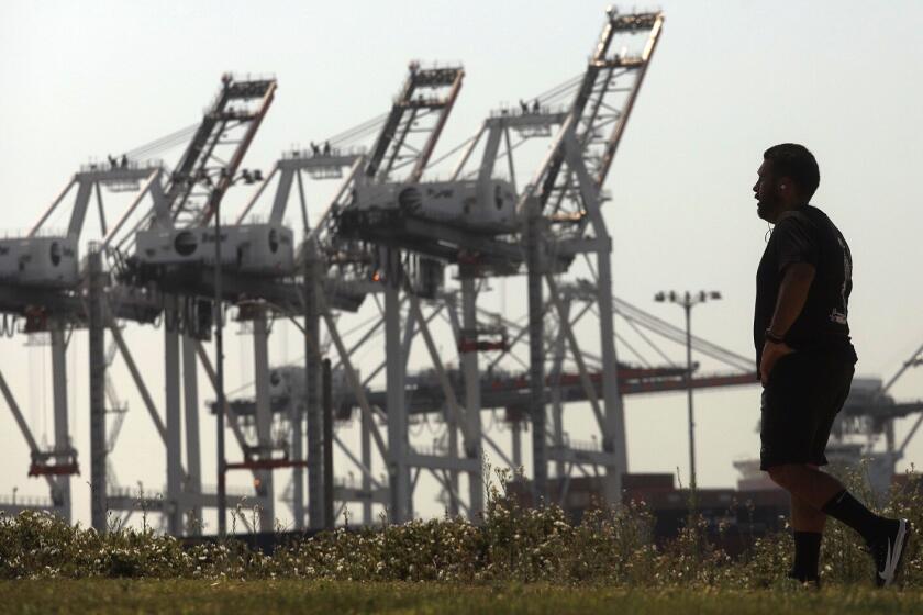 SAN PEDRO CA. AUGUST 27, 2020 - A man walks along the Wilmington Waterfront Park against a backdrop of cranes at the Port of Los Angeles on August 28, 2020. California air quality officials are poised to adopt their biggest pollution-cutting regulations in more than a decade, targeting diesel trucks and cargo ships that spew much of the state's cancer-causing and smog-forming emissions. The state Air Resources Board is expected to vote after a public hearing Thursday on two rules: one to establish stringent new emissions standards for heavy-duty diesel trucks and one to reduce pollution from ships docked at ports. (Genaro Molina/Los Angeles Times)
