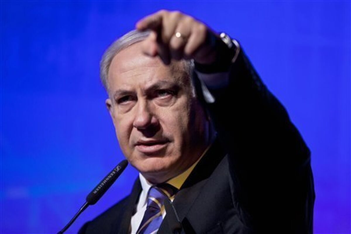 Israeli Prime Minister Benjamin Netanyahu speaks at Israel's Business Conference In Tel Aviv, Israel, Monday, Dec. 12, 2011.(AP Photo/Uriel Sinai, pool)