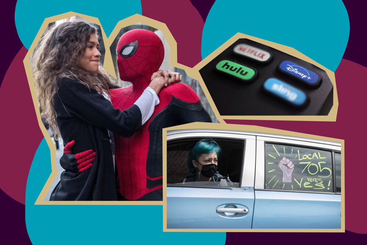 A collage of images: Spider-Man and Zendaya, a remote control, a car window with writing that says "Local 705 votes Yes!" 