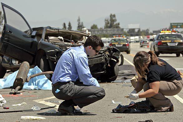 Investigators collect evidence on the 60 Freeway in Pomona, where four young men were killed Friday morning in a single-vehicle crash west of Reservoir Street. A fifth passenger was expected to survive. The California Highway Patrol said the victims were in a Toyota Camry heading east at a high rate of speed about 10:45 a.m. when it veered across traffic and struck the center divider twice. The young men were part of a church group caravaning to an ice skating rink in Ontario.