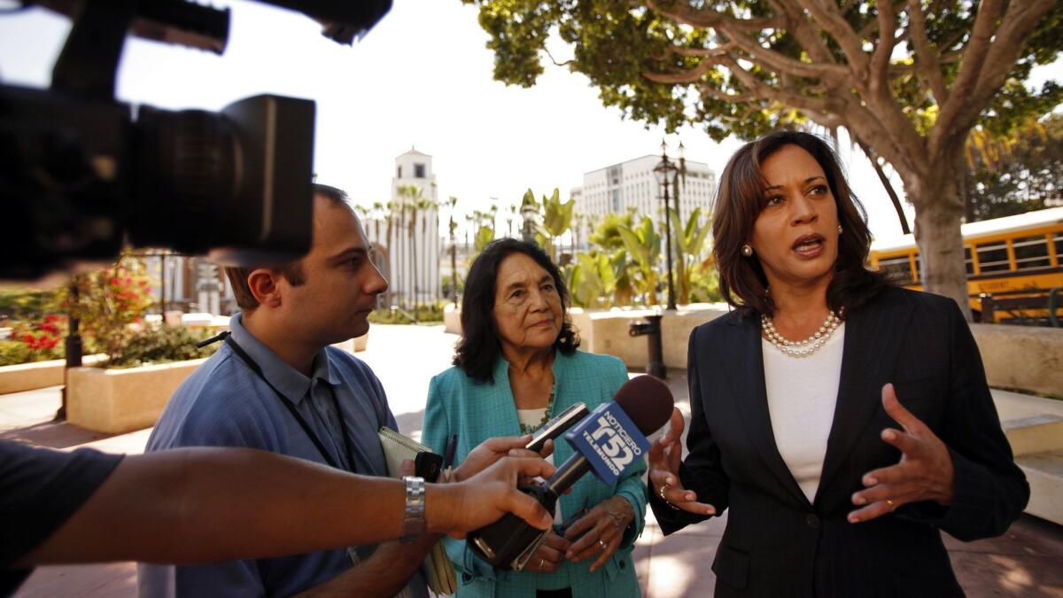 Kamala Harris, right, candidate for California attorney general, appeared at a news conference in downtown Los Angeles with Dolores Huerta on Sept. 27, 2010.