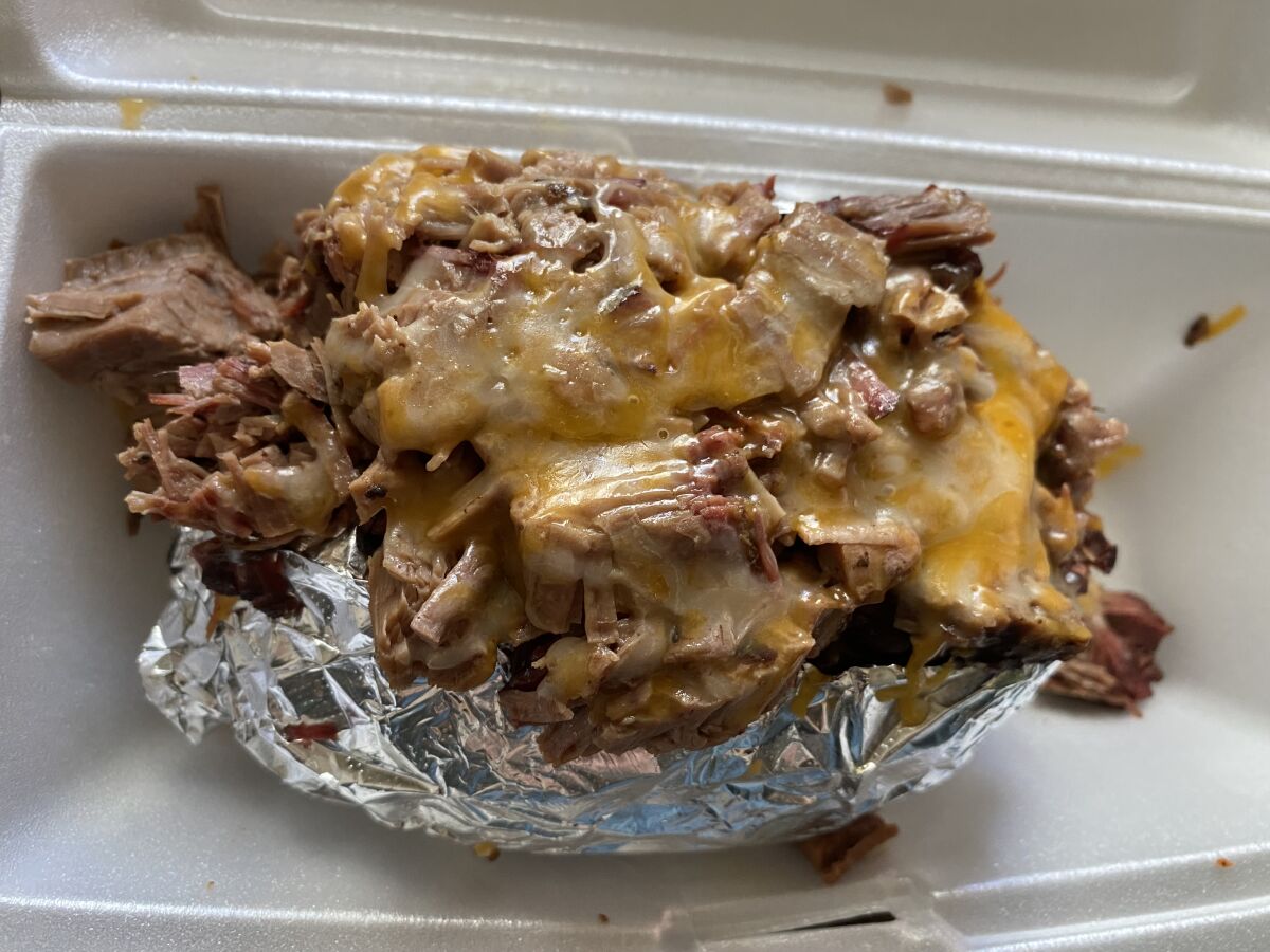 Spuds N' Que, a baked potato from Coop's West BBQ in Lemon Grove