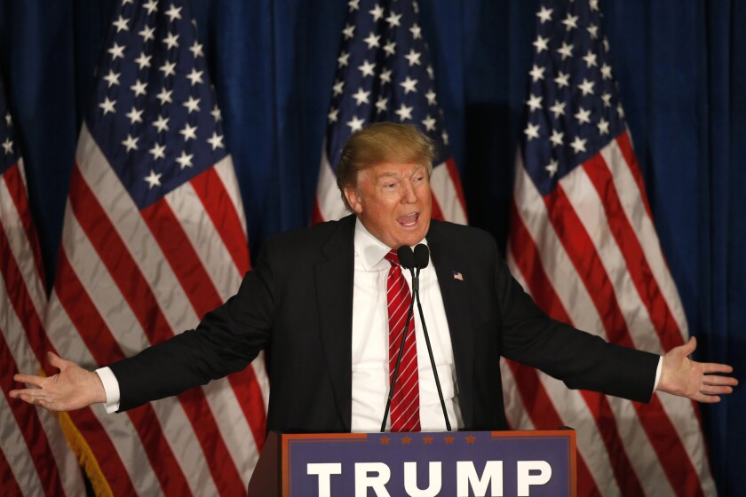 Republican presidential front-runner Donald Trump speaks at campaign stop Thursday in Portland, Maine.