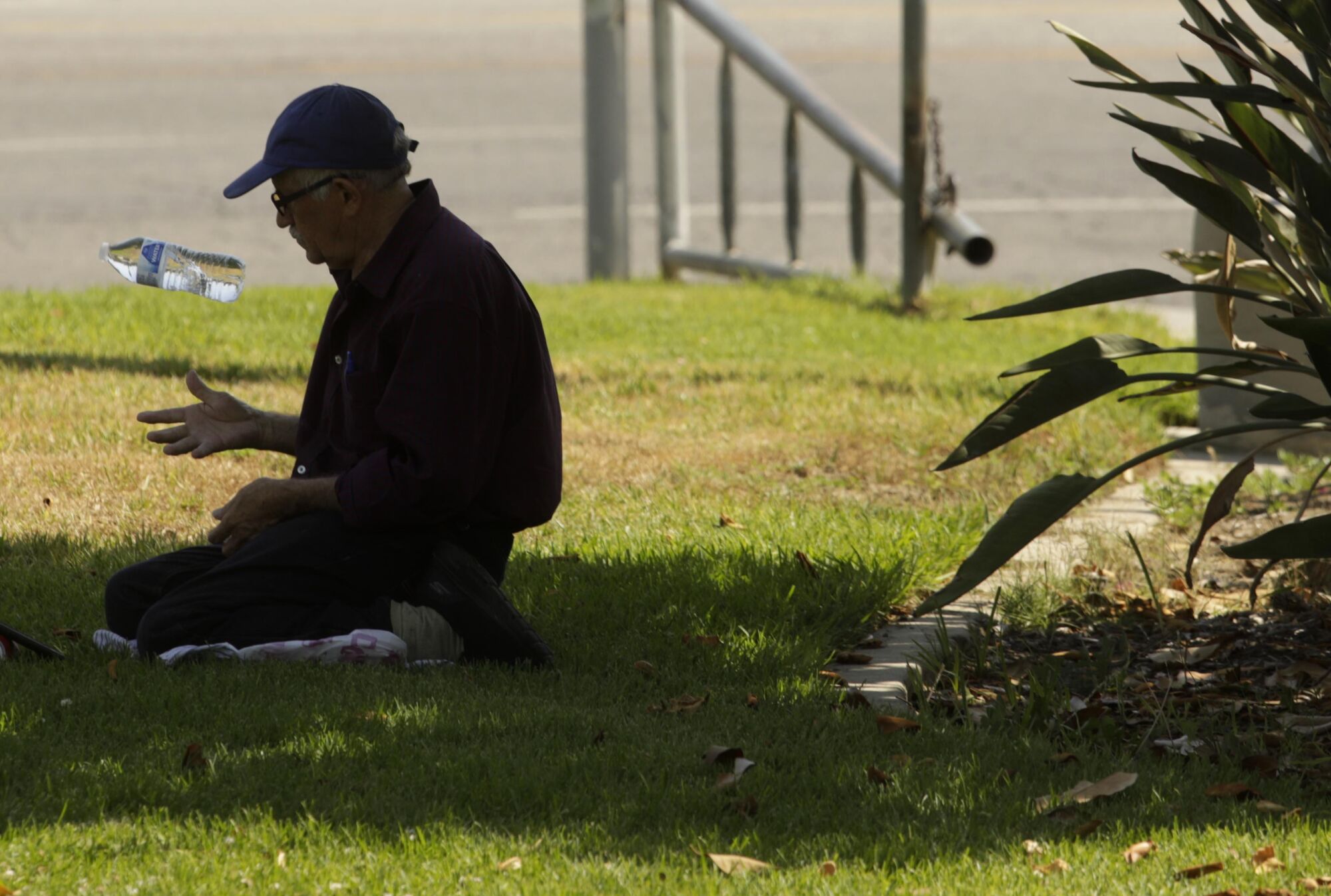 A man in a baseball cap sits in the shade of a tree