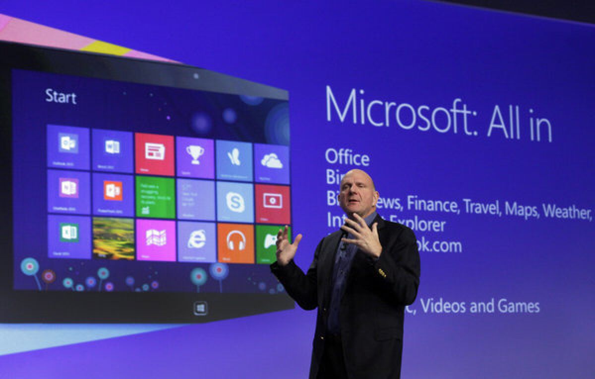 Microsoft CEO Steve Ballmer gives a presentation at last year's launch of Windows 8.