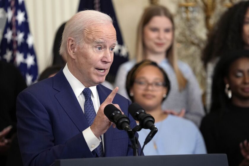 President Joe Biden speaks during an event in the East Room of the White House in Washington, Wednesday, March 22, 2023, to celebrate women's history month. (AP Photo/Susan Walsh)
