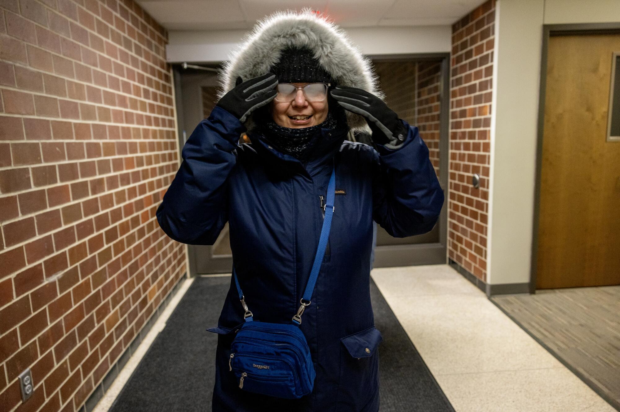Natalia Porter of Huntington Beach glasses are fogged up after walking in sub-zero temperatures in Ames, Iowa.
