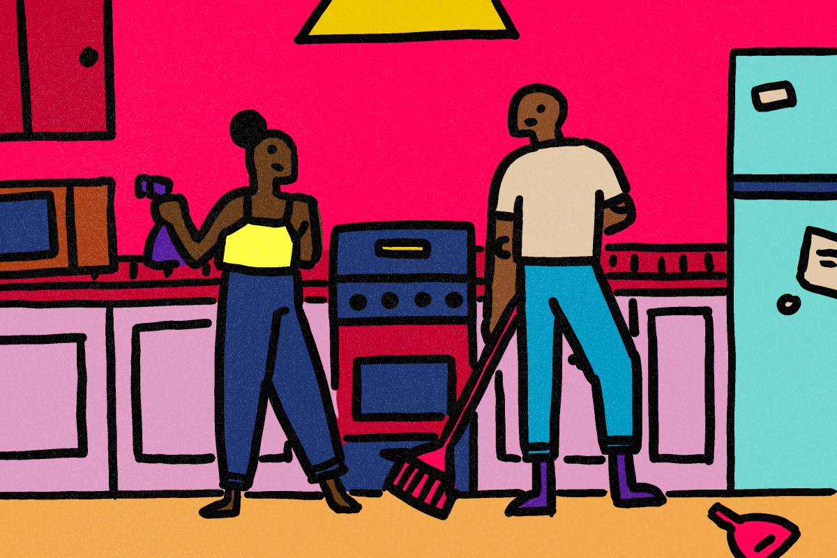 An illustration shows two people cleaning a kitchen.