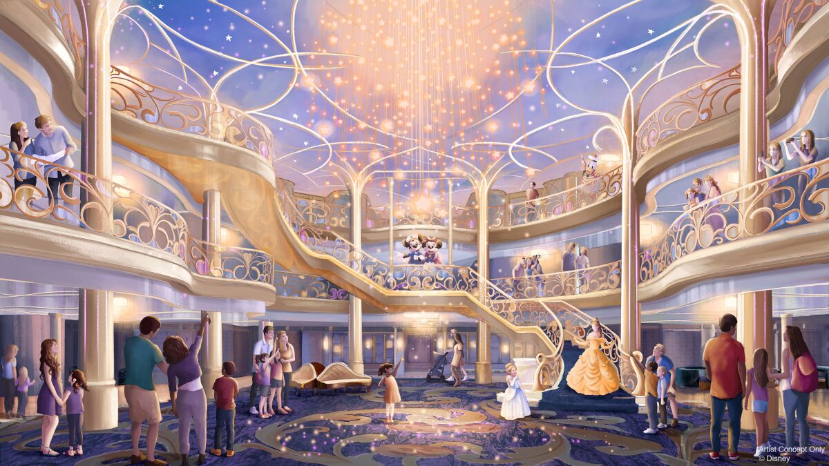 An artist's rendering of the three-story atrium of the Disney Wish.