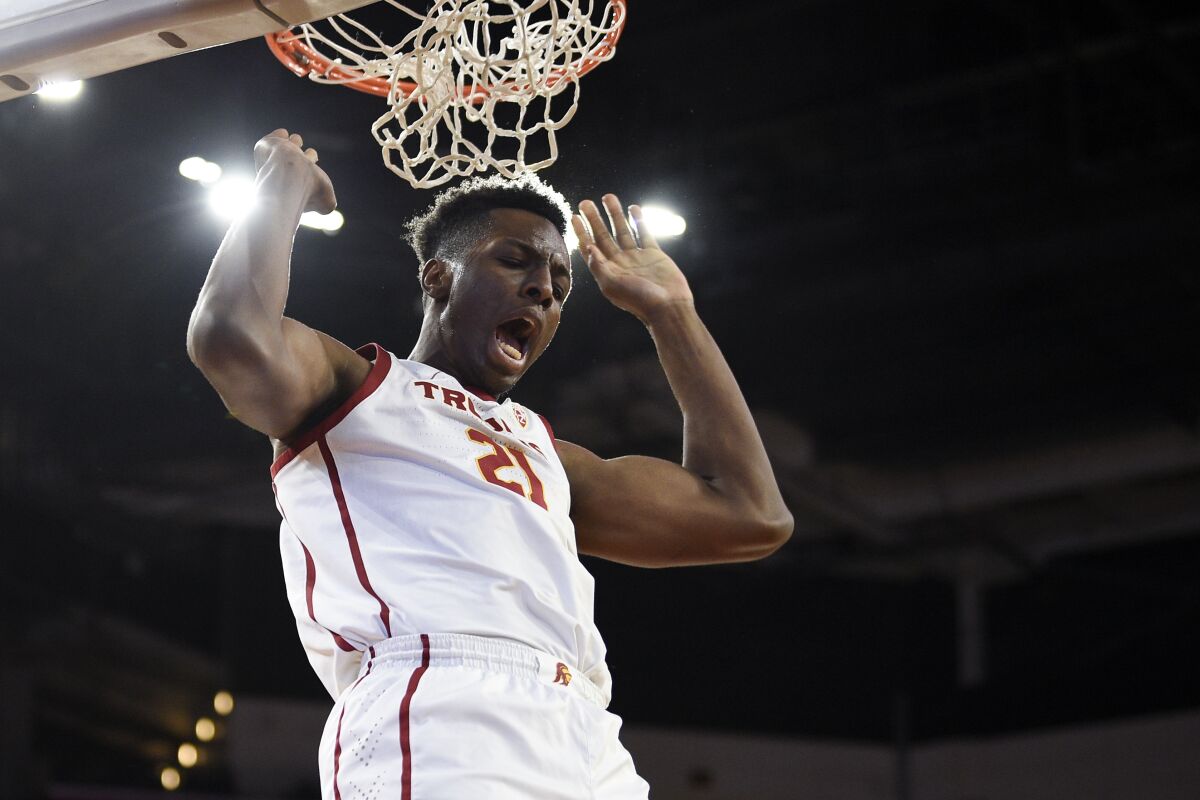 USC center Onyeka Okongwu dunks the ball during a game against Stanford on Jan. 18.