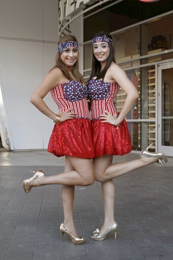 Jasmin Perez, left, and Julia Cooke wear outfits inspired by Lady Gaga's "Telephone" music video.