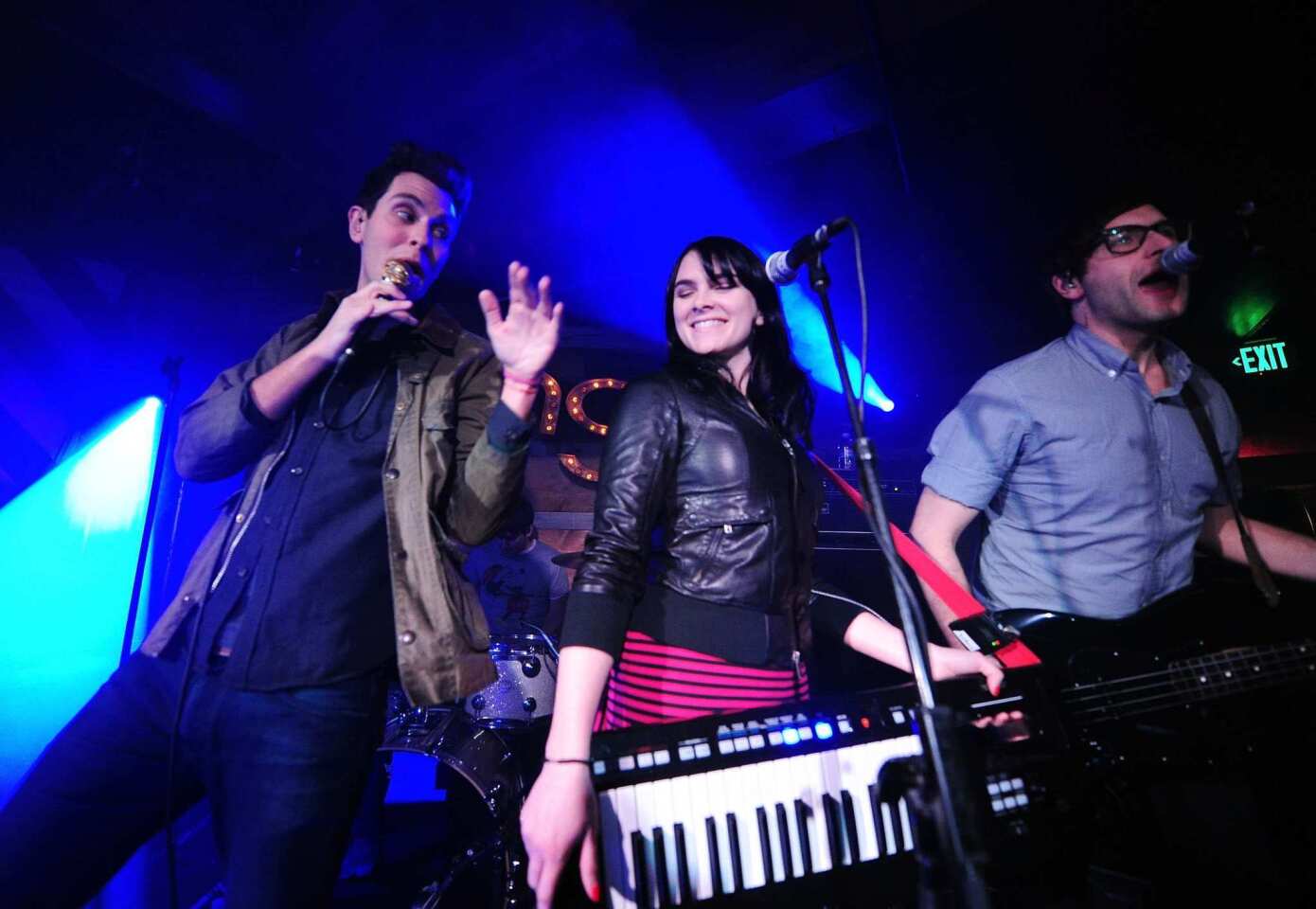Gabe Saporta, Victoria Asher and Alex Suarez of Cobra Starship perform at the Bing Bar.
