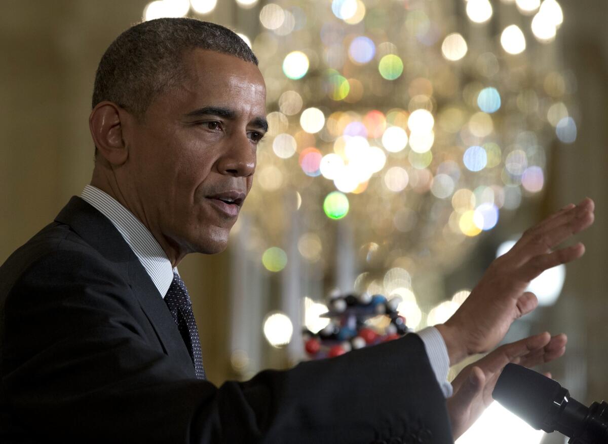 President Obama speaks in the East Room of the White House on Jan 30.
