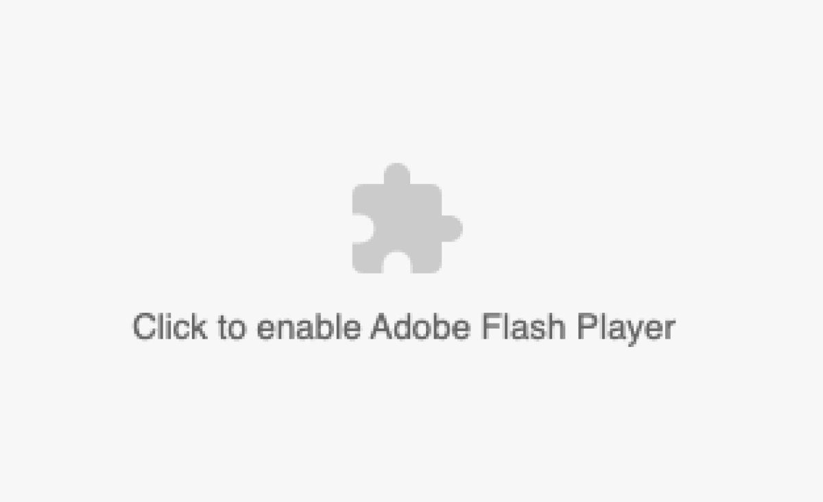 A blank browser shows an icon of a puzzle piece and the phrase "Click to enable Adobe Flash Player."