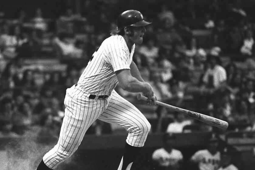 New York Yankees' Ron Blomberg heads for first after connecting at Yankee Stadium in New York on June 1, 1973. Blomberg went into this game against California with an American League leading .400 average. This hit was a grounder and Blomberg was thrown out by Angels second baseman Gerry Davanon. (AP Photo/Harry Harris)