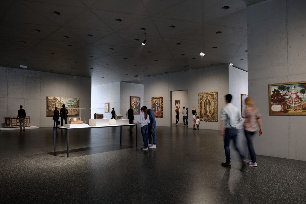 A horizontal view shows museum-goers strolling along black terrazzo floors among concrete walls hung with art.
