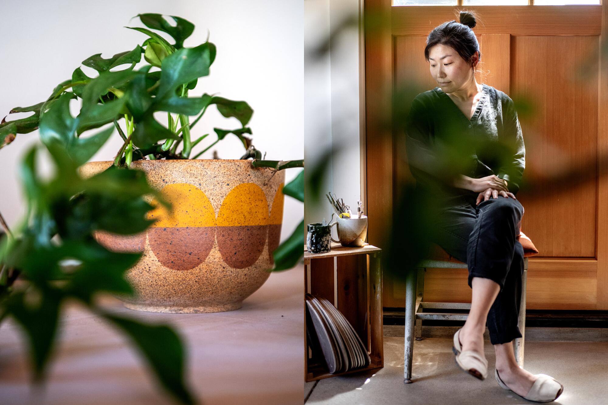A potted plant on the left and a full-body shot of a woman seated on the right.