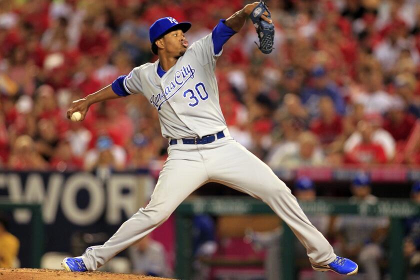 Kansas City's Yordano Ventura gave up one earned run on five hits over seven innings while striking out five batters in Game 2 of the American League Division Series at Angel Stadium.