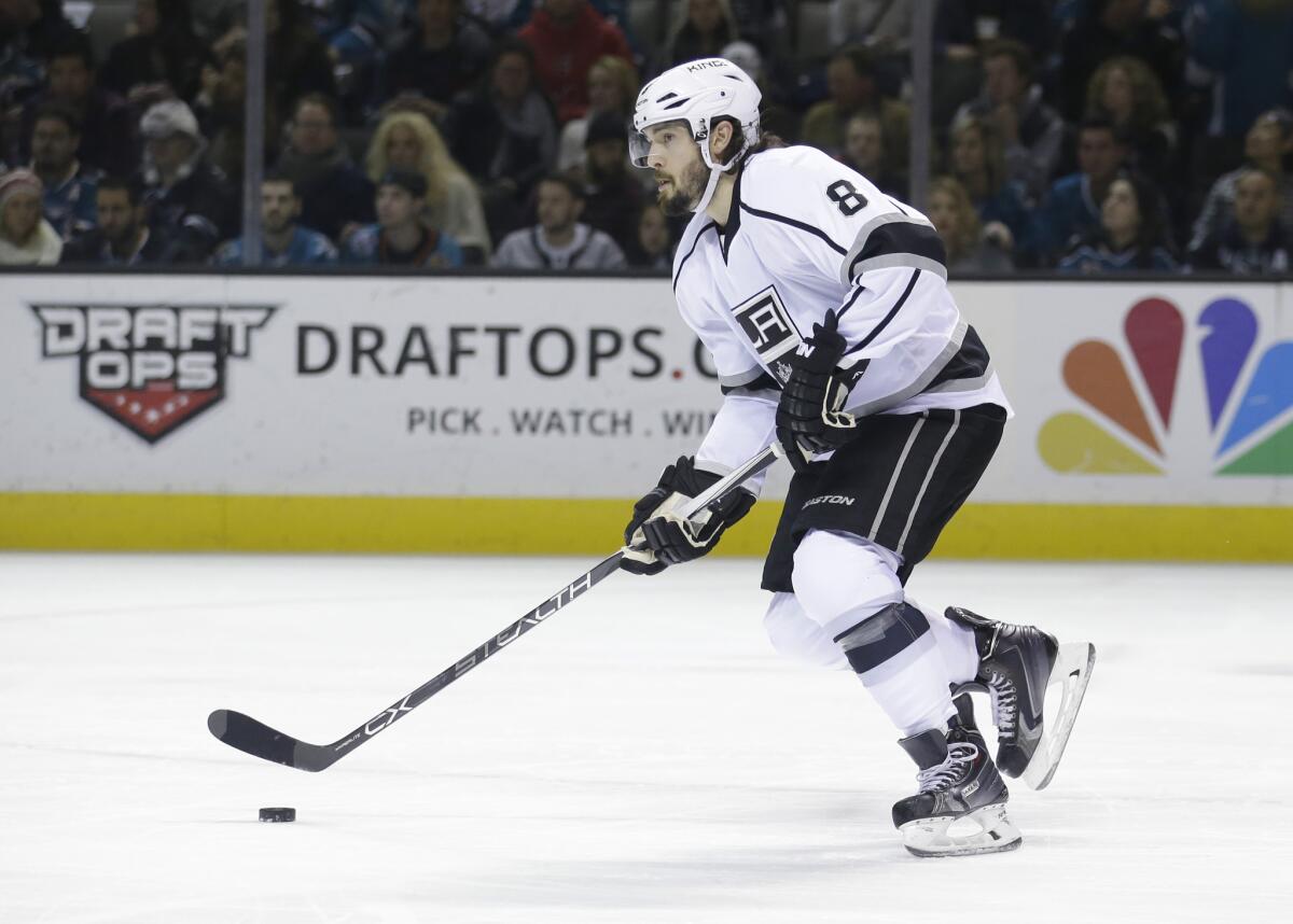 Kings defenseman Drew Doughty skates with the puck during a game against the San Jose Sharks on Jan. 24.