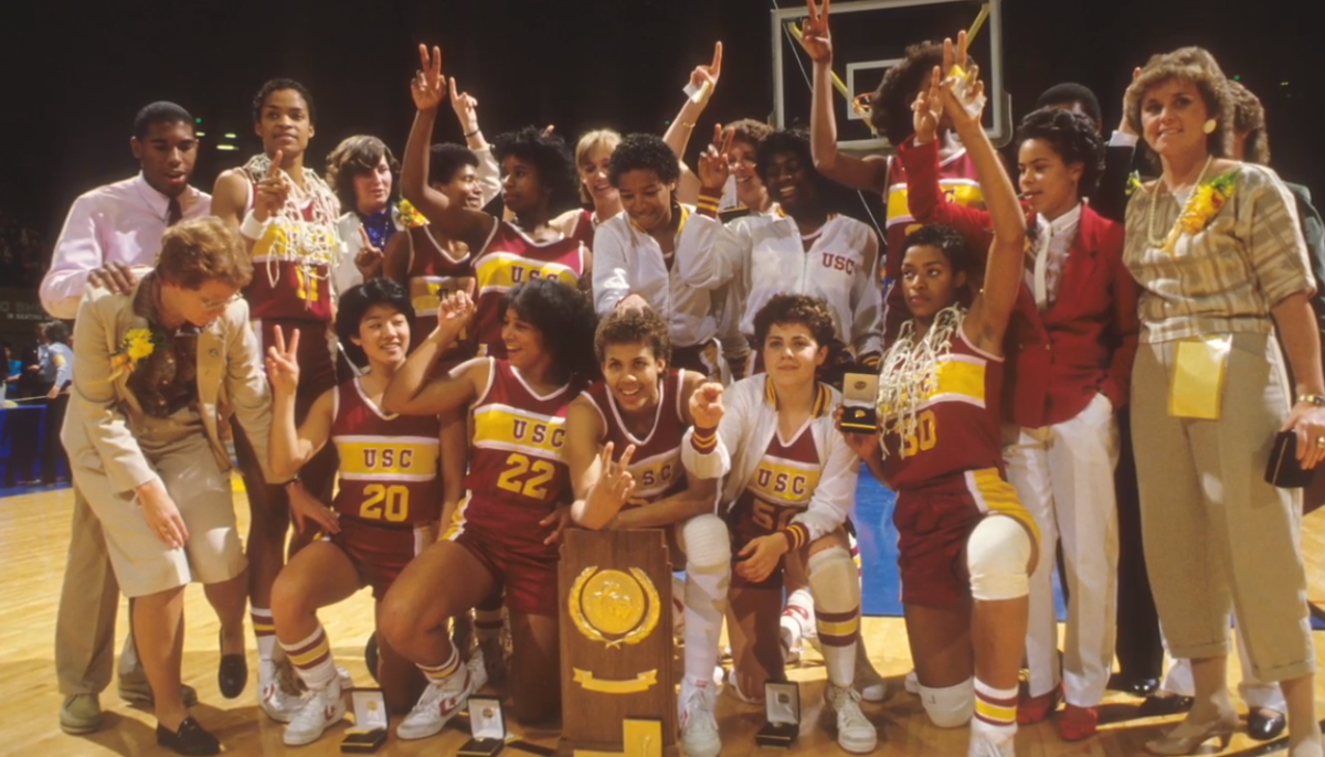 The USC women's basketball team celebrates after winning the 1984 NCAA title.