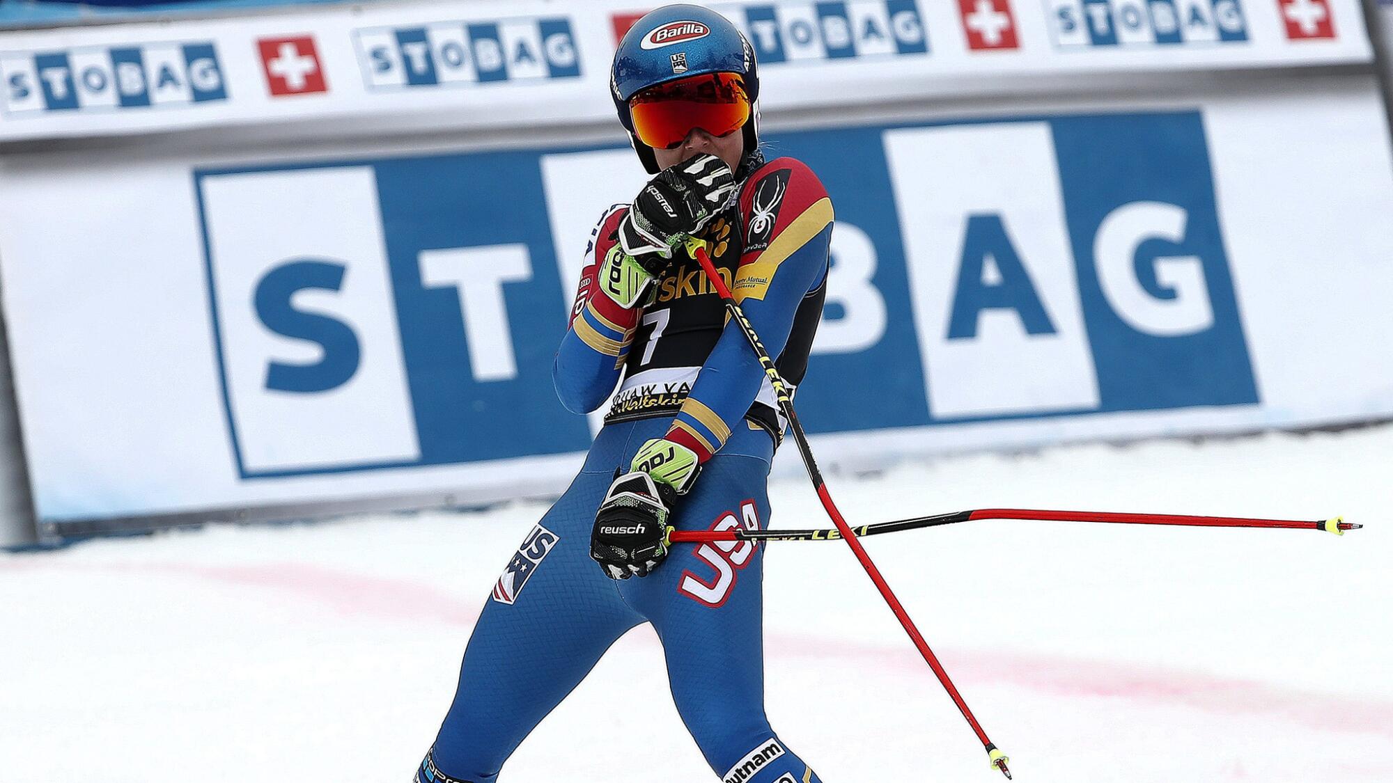 Mikaela Shiffrin reacts after finishing her second run in the giant slalom at Squaw Valley.